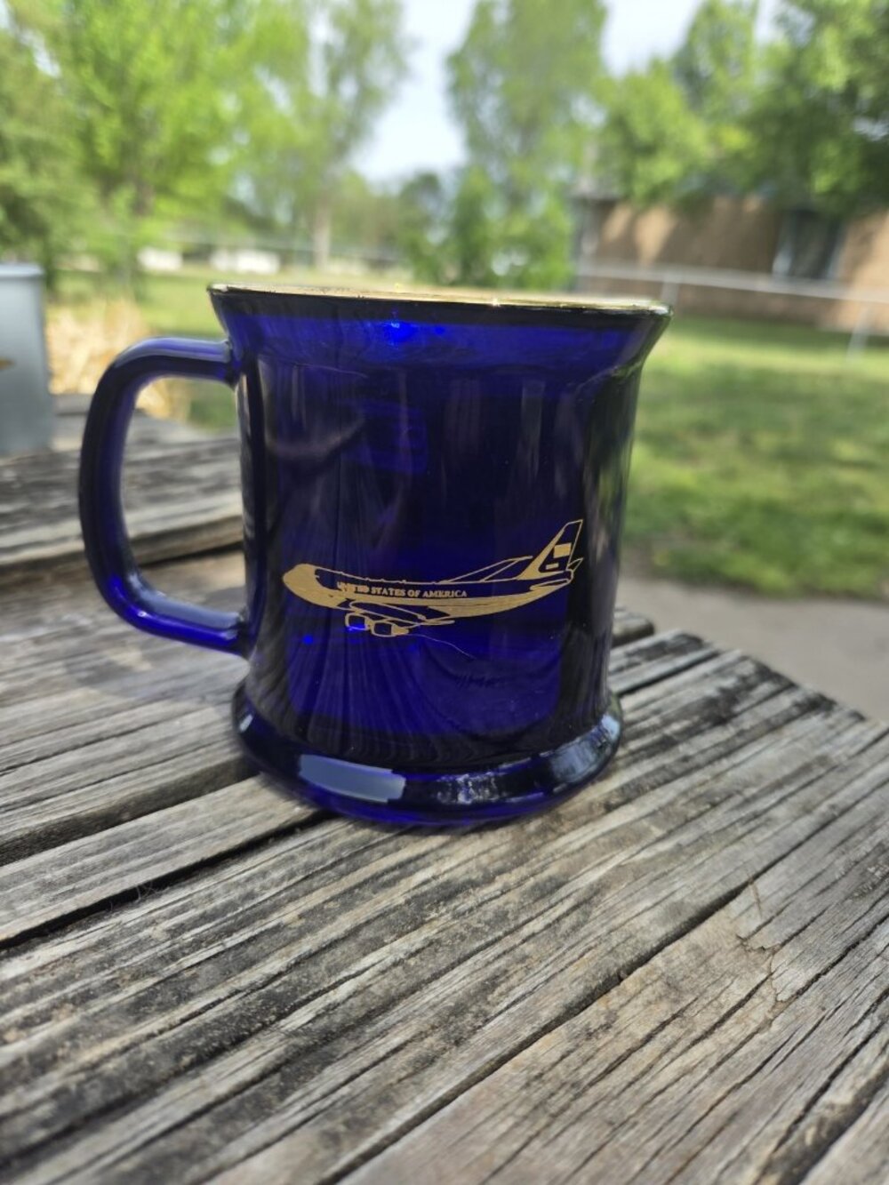 Vintage‎ Boeing Air Force One Glass Cobalt Blue Gold Trimmed Coffee Mug Cup